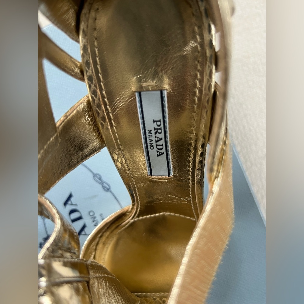 PRADA Gold peeptoe pump sandals size 40/US 10, iconic, worn once - Picture 12 of 12